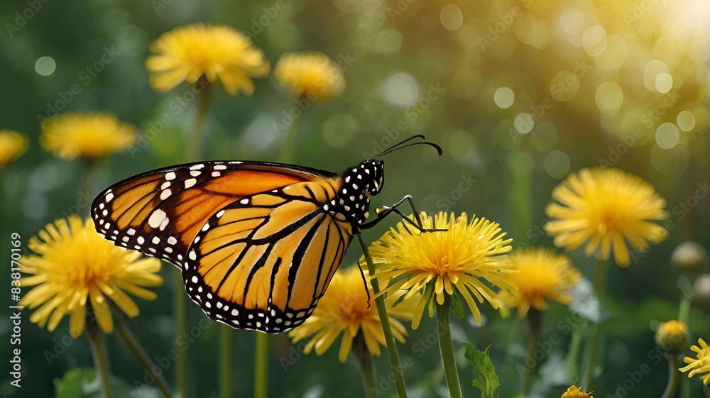 Granater AI A monarch butterfly perched delicately on a dandelion flower. Granater AI A monarch butterfly perched delicately on a dandelion flower.