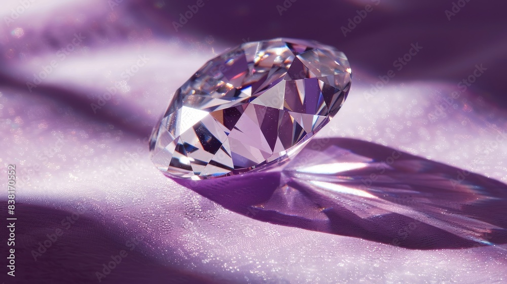 Photograph of one large brilliant cut diamond isolated on purple background with shadow. Photograph of one large brilliant cut diamond isolated on purple background with shadow.