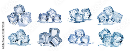 Set of melting ice cubes in various formations, cut out - stock png. photo