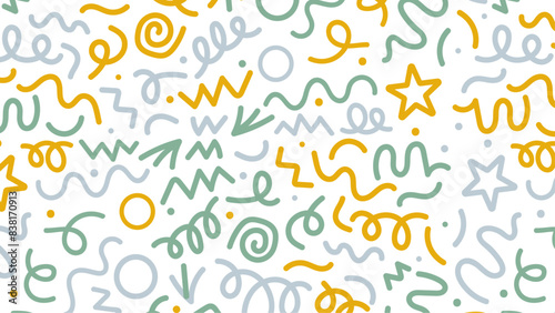 Fun colorful line doodle seamless pattern. Creative minimalist style art background for children or trendy design with basic shapes. Simple childish scribble