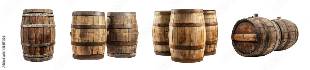 Obraz premium Set of antique wooden barrels in different arrangements, cut out - stock png.
