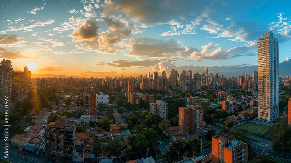 Fototapeta premium A panoramic view of a modern metropolis with skyscrapers and bustling streets. (urban landscape, high resolution).