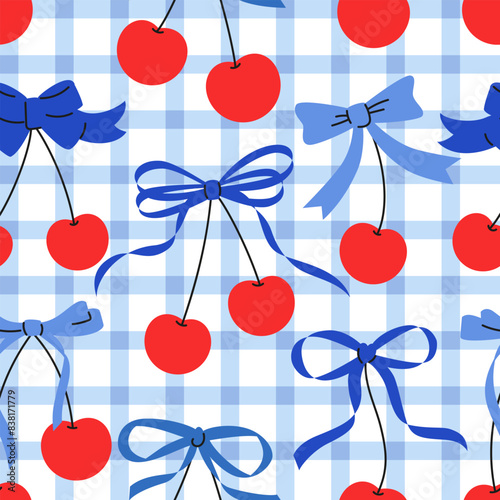 Seamless check gingham pattern with cherries and bows. Hand drawn vector illustration. Trendy romantic background. Coquette core cute design.