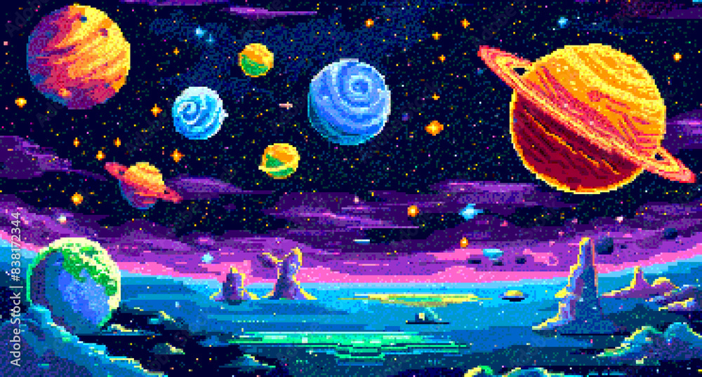 8-bit pixel art of a space background with stars, planets and galaxies in the style of game assets for a 2D side-scrolling game style 8-bit pixel art of a space background with stars, planets and galaxies in the style of game assets for a 2D side-scrolling game style