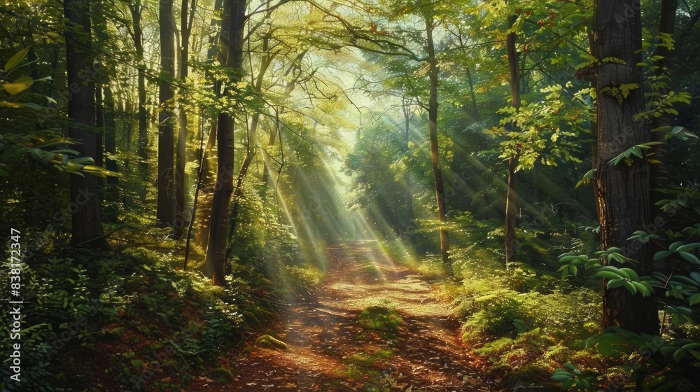 Obraz premium Sunbeams illuminate a path through a lush, green forest.