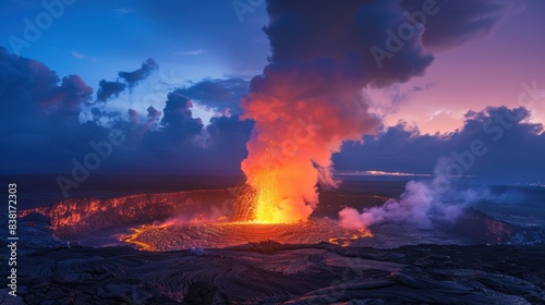 Photos of a volcanic eruption show billowing smoke as lava paints the night sky orange.