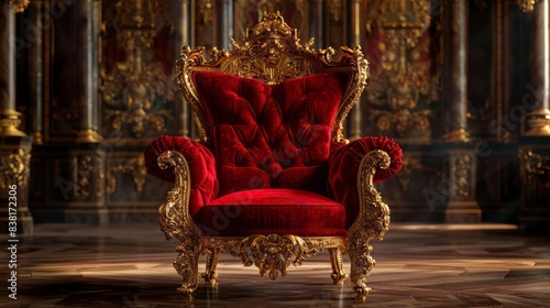 A regal, ornate throne with a plush red velvet seat and intricate gold carvings, standing majestically in a grand, dimly lit room.