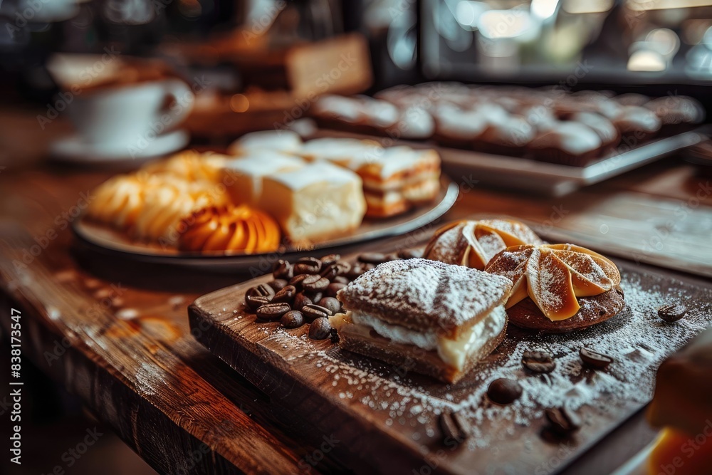 Assorted delicious pastries and desserts arranged on a wooden table in a cozy bakery cafe, highlighting fresh and appetizing treats. Assorted delicious pastries and desserts arranged on a wooden table in a cozy bakery cafe, highlighting fresh and appetizing treats.