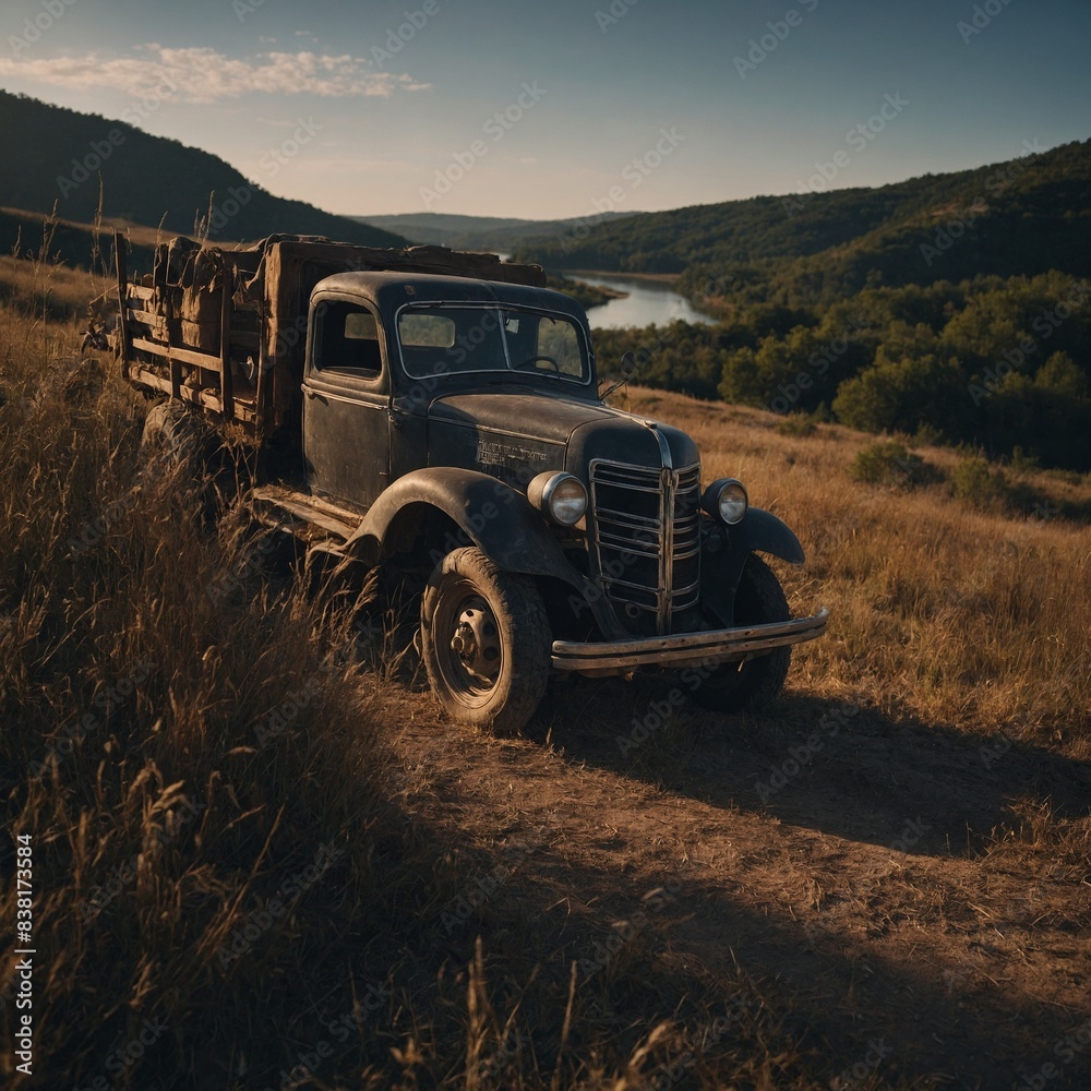Old, rusty truck with wooden flatbed abandoned on dirt path in rural area. Scene set against backdrop of hills, body of water during sunset. Trucks design suggests mid-20th century era,. Old, rusty truck with wooden flatbed abandoned on dirt path in rural area. Scene set against backdrop of hills, body of water during sunset. Trucks design suggests mid-20th century era,.