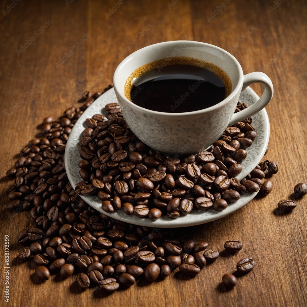 Fototapeta premium White cup, brimming with black coffee, graces saucer abundant with roasted coffee beans. This scene unfolds on wooden table backdrop. Deep.