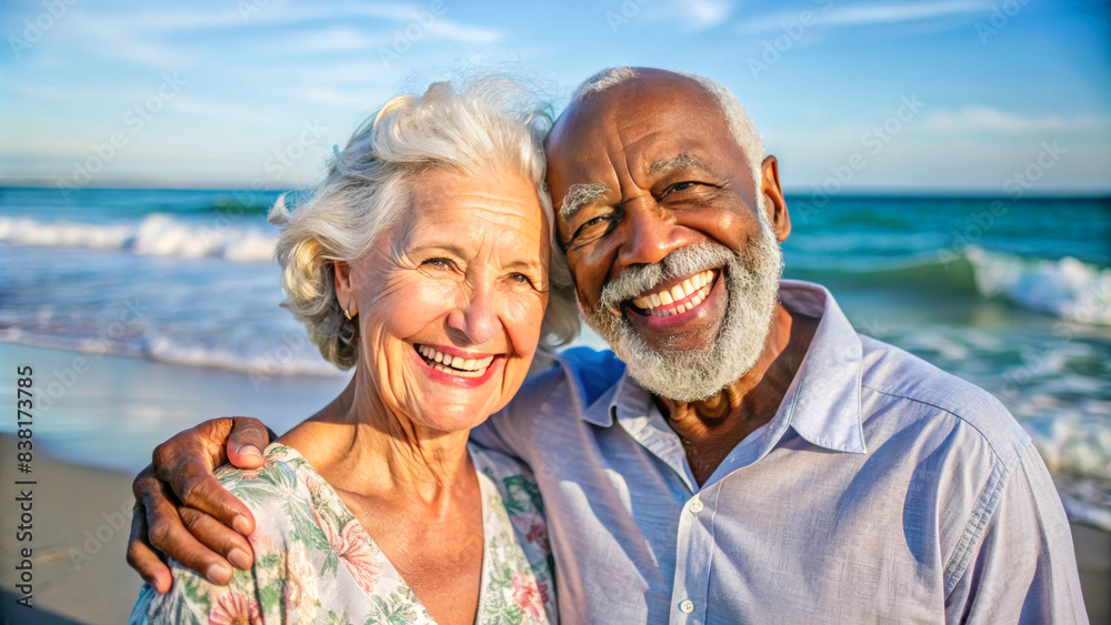 Happy senior couple smiling and bonding on the beach looking at camera. happy elderly lovely enjoying quality time together outside Happy senior couple smiling and bonding on the beach looking at camera. happy elderly lovely enjoying quality time together outside