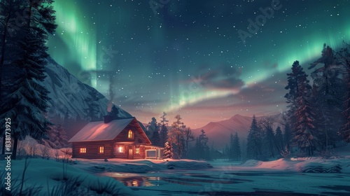 Northern Lights over a cozy cabin, capturing the warmth and contrast of light, focus on, homely retreat, realistic, fusion, cabin in the woods backdrop