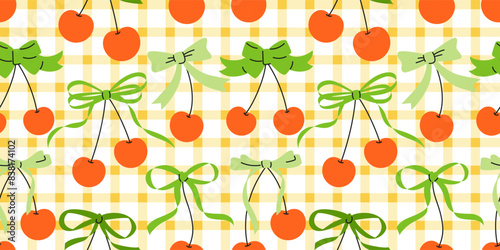 Seamless check gingham pattern with cherries and bows. Hand drawn vector illustration. Trendy romantic background. Coquette core cute design.