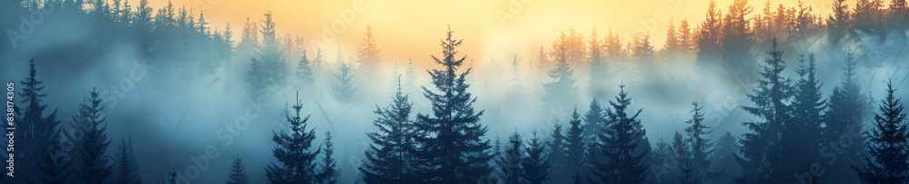 Misty forest landscape at sunrise with dense evergreen trees and a colorful sky, creating a serene and peaceful nature scene. Misty forest landscape at sunrise with dense evergreen trees and a colorful sky, creating a serene and peaceful nature scene.