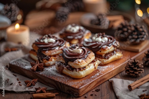 Delicious chocolate pastries topped with cream on a wooden board, surrounded by pine cones and cinnamon sticks, perfect for festive seasons.