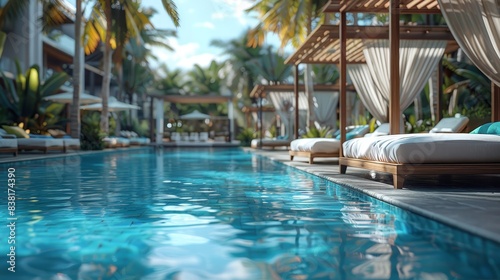 Luxury swimming pool with elegant cabanas  capturing relaxation and exclusivity  selective focus  upscale resort  vibrant  overlay  resort backdrop