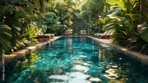 Luxury swimming pool surrounded by lush greenery  showcasing a tropical oasis  focus on  natureinspired design  ethereal  fusion  garden backdrop