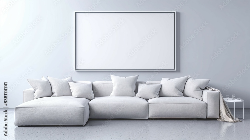 Home minimalist living room with sofa, wall poster frame mockup Home minimalist living room with sofa, wall poster frame mockup