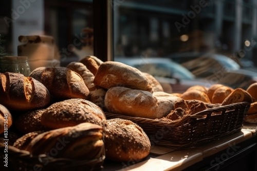 Warm bakery setting with assorted artisan bread loaves displayed in wicker baskets near a sunlit window, evoking a cozy and rustic atmosphere