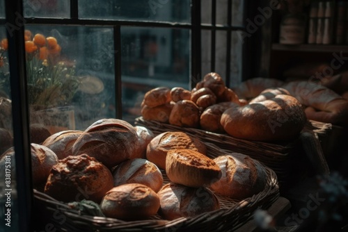 Warm bakery setting with assorted artisan bread loaves displayed in wicker baskets near a sunlit window, evoking a cozy and rustic atmosphere