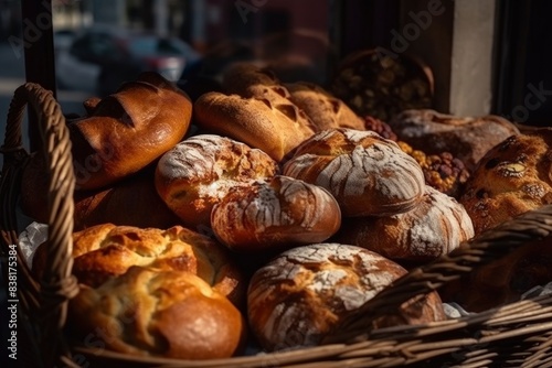 Warm bakery setting with assorted artisan bread loaves displayed in wicker baskets near a sunlit window, evoking a cozy and rustic atmosphere