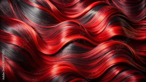 Intense red and black reflections dance across the wavy, glossy hair strands, showcasing vibrant colors and mesmerizing textures in a stunning close-up composition.