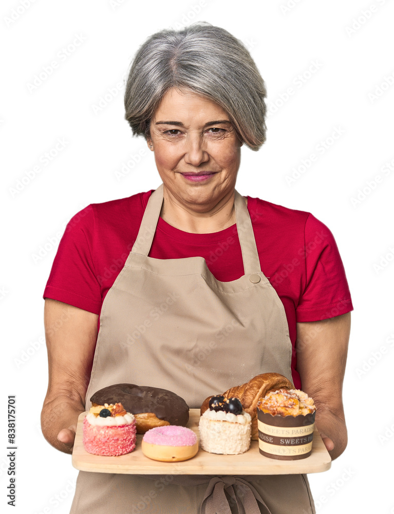 Middle-aged Caucasian female baker with pastries Middle-aged Caucasian female baker with pastries