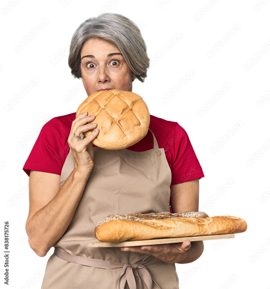 Middle-aged Caucasian female baker with bread tray Middle-aged Caucasian female baker with bread tray