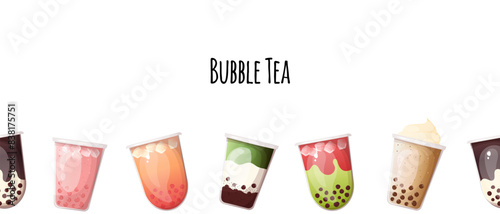 Seamless border with bubble tea. Soft drinks banner template isolated on white background 