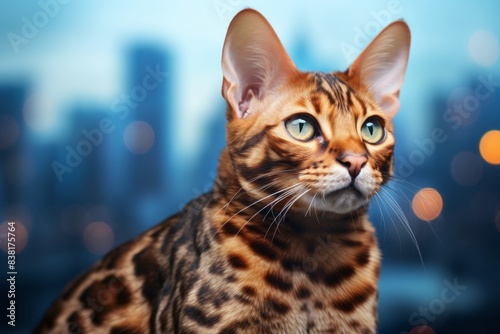 Portrait of a happy ocicat cat in front of modern cityscape background