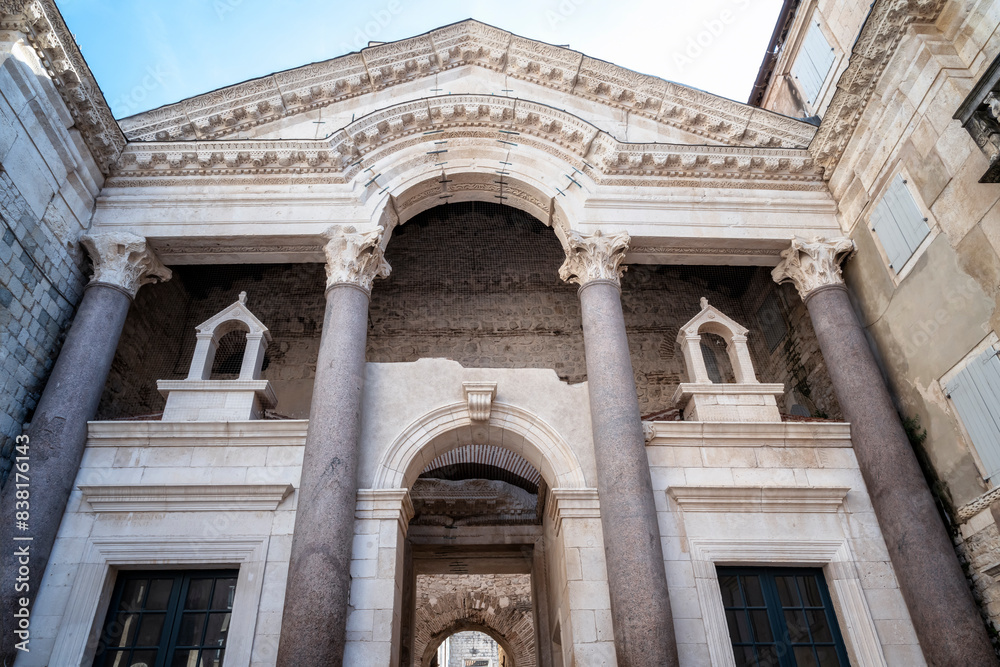Naklejka premium Facade details of the beautiful 3rd-4th century Roman Emperor Diocletian's palace summer residence in Split, Croatia