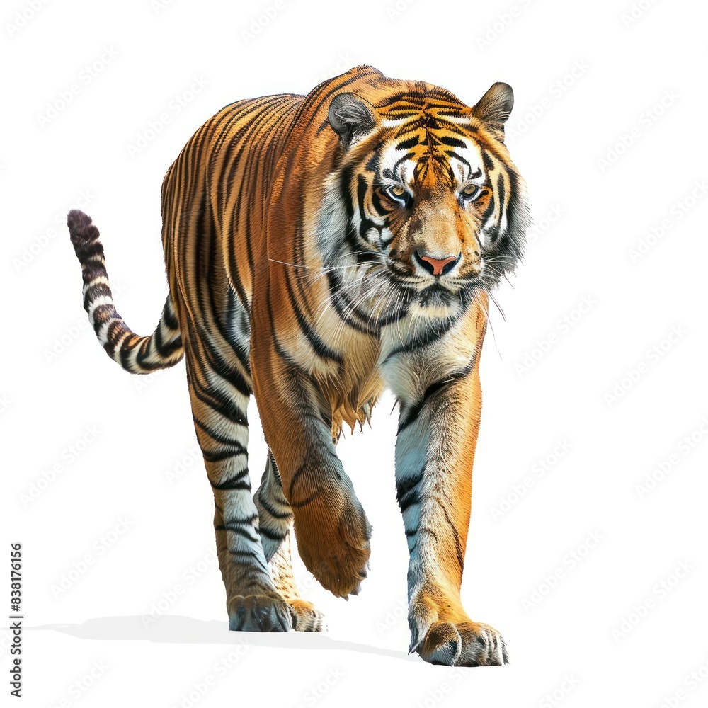 Fototapeta premium High-resolution capture of a fierce Tiger isolated on a white background.