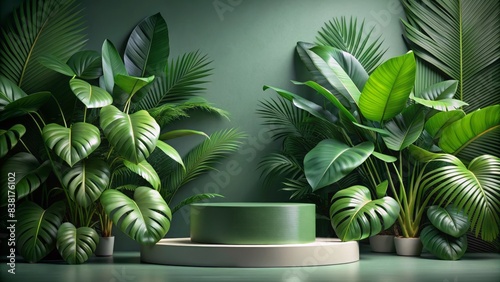 Vibrant lush green tropical leaves arranged artfully on a modern podium, creating a stunning natural background for showcasing products in a modern setting.