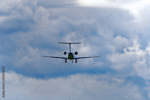 Rear view of private jet landing at Zürich Airport on a spring day. Photo taken May 28th, 2024, Kloten, Canton Zurich, Switzerland.