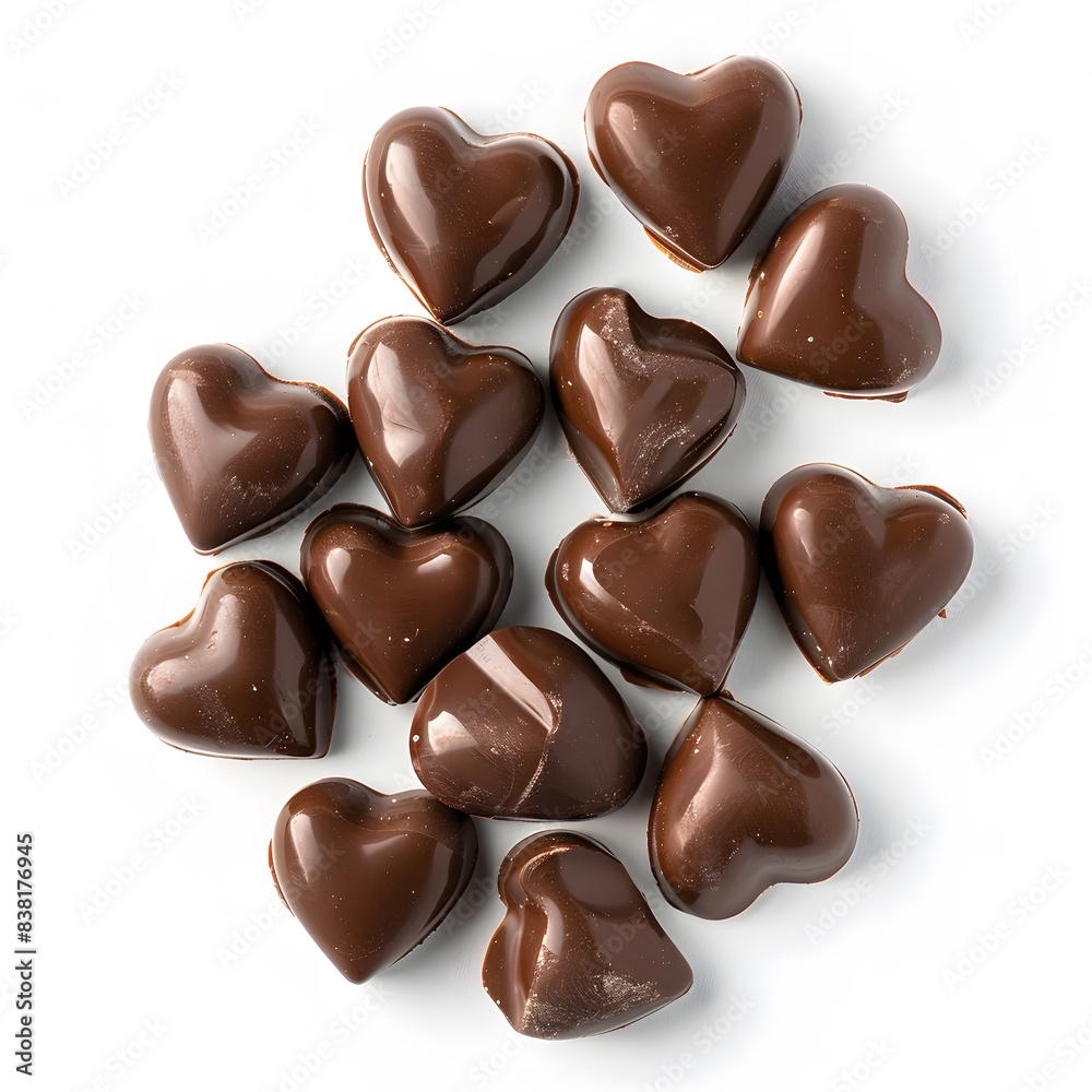 Fototapeta premium Heart-shaped chocolate candies on a white background. Generative AI