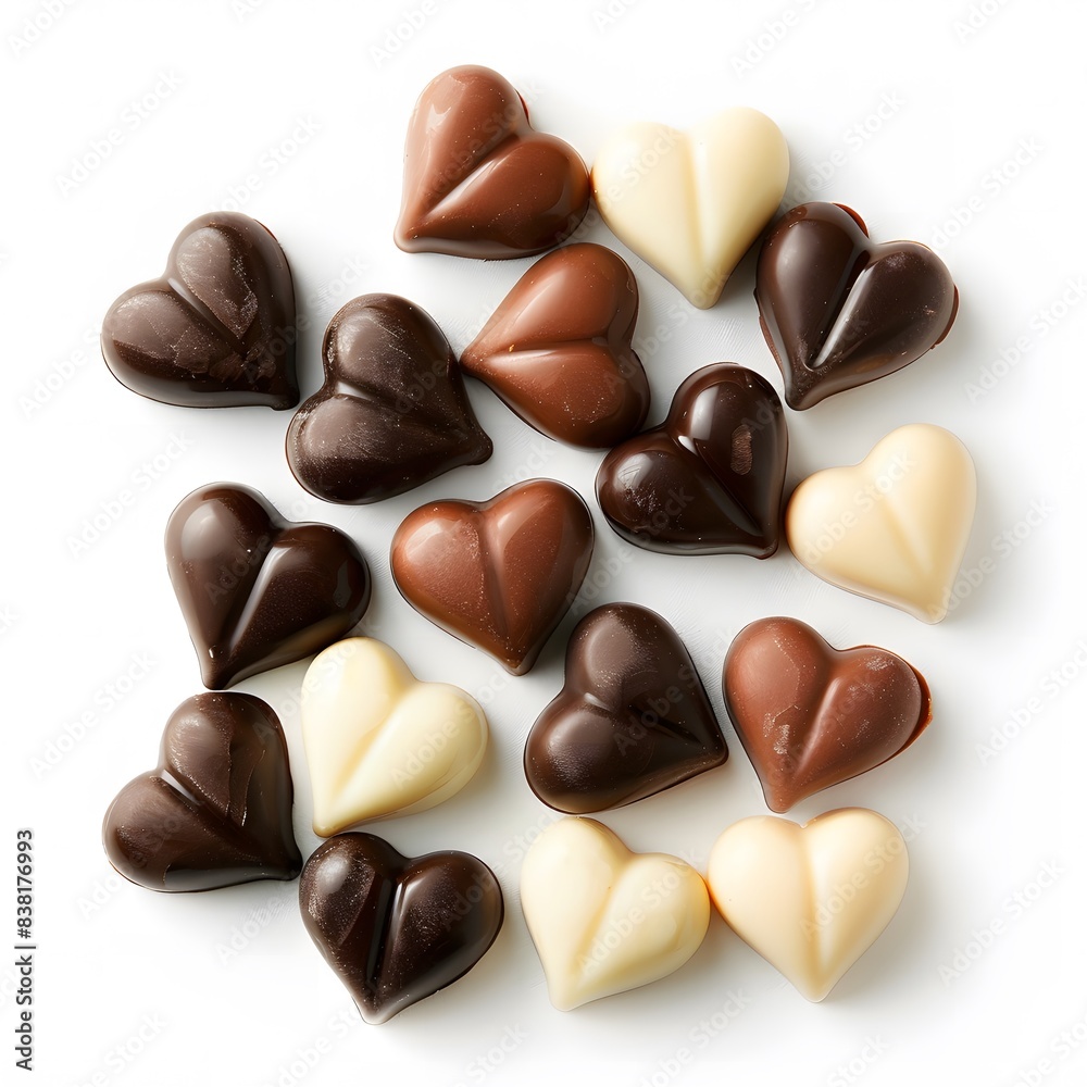 Heart-shaped chocolate candies on a white background. Generative AI Heart-shaped chocolate candies on a white background. Generative AI