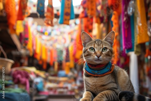 Portrait of a smiling javanese cat while standing against vibrant market street background photo