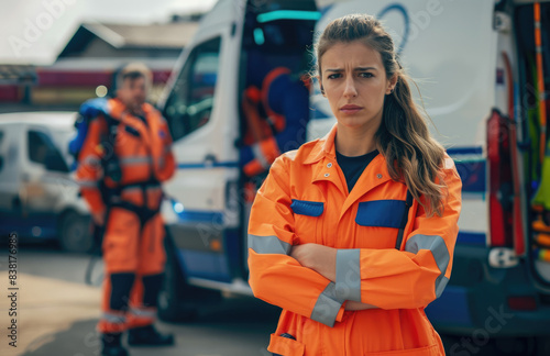 A portrait of an attractive female paramedic standing in front of her ambulance, wearing high vis orange and blue with dark grey accents