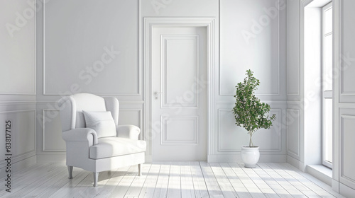 White interior door in a modern interior  in light colors in a classic style. Interior Design. 