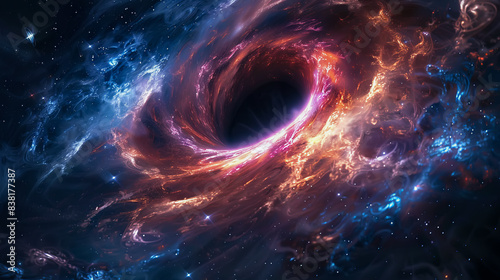 A vivid black hole surrounded by swirling, fiery cosmic gases and bright lights