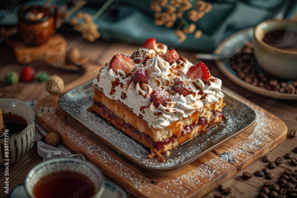 A delicious slice of strawberry cake topped with whipped cream, nuts, and strawberries, perfect for a cozy cafe setting. A delicious slice of strawberry cake topped with whipped cream, nuts, and strawberries, perfect for a cozy cafe setting.