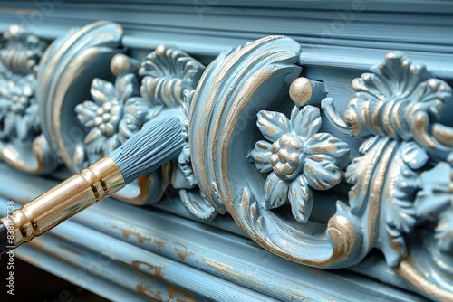 Close Up of Blue and Gold Ornate Wood Furniture Being Painted With a Brush photo