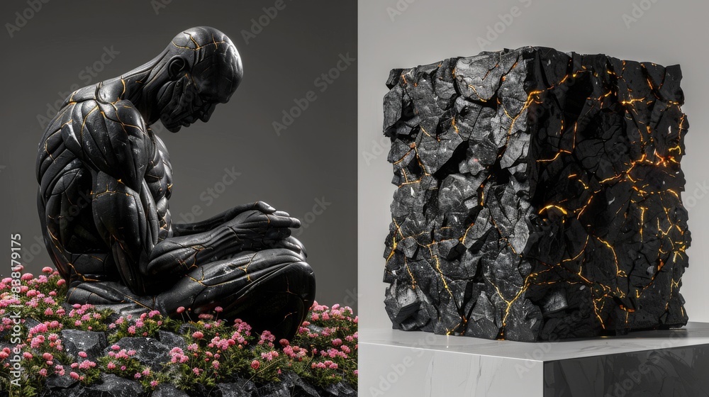 Fototapeta premium Artistic black sculptures: a meditative human figure surrounded by flowers and a textured cube with golden veins.