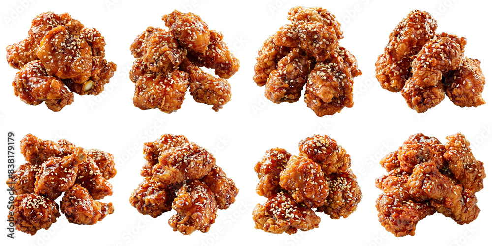 Collection of Korean Fried Chicken With Sesame Seeds isolated on transparent png background. Generative ai
