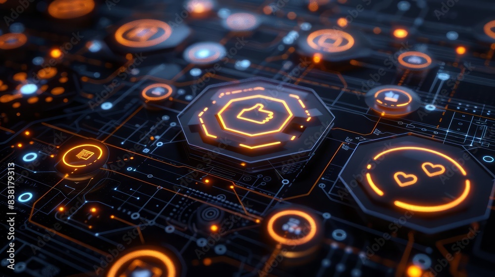 A futuristic social icon chart for businesses, featuring a neonaccented 3D render on a dark black background, perfect for advanced web templates and innovative marketing campaigns A futuristic social icon chart for businesses, featuring a neonaccented 3D render on a dark black background, perfect for advanced web templates and innovative marketing campaigns