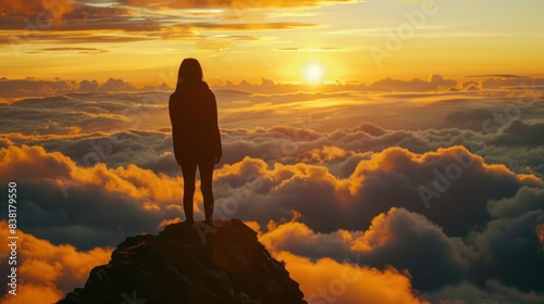 Silhouette of a woman on a sunset peak among the clouds.