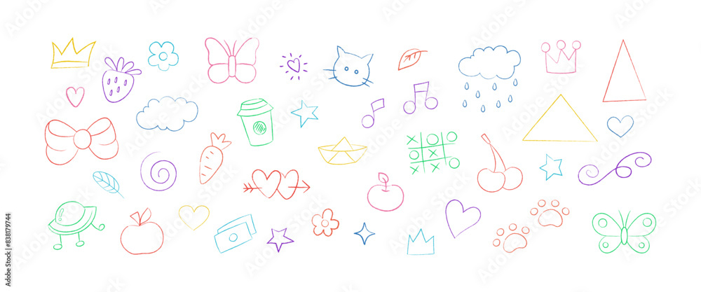Chalk kid scribble drawing icons. Childish doodles, apple, crown, butterfly, cherry, heart, bow illustration on white background. Vector Chalk kid scribble drawing icons. Childish doodles, apple, crown, butterfly, cherry, heart, bow illustration on white background. Vector