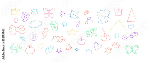 Chalk kid scribble drawing icons. Childish doodles, apple, crown, butterfly, cherry, heart, bow illustration on white background. Vector