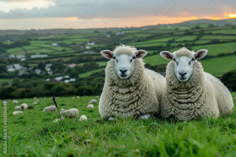 Two Sheep Grazing in a Rolling Green Pasture at Sunset Two Sheep Grazing in a Rolling Green Pasture at Sunset