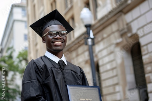 Portrait of a black man graduating from college  cheerful and successful. Pride  smiling  and African graduate from London university with a certificate.